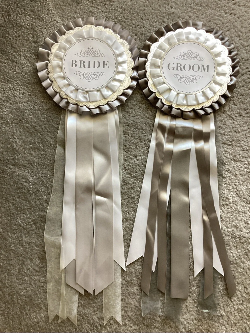 Bride & Groom Satin Chair Signs - Silver Gray, White